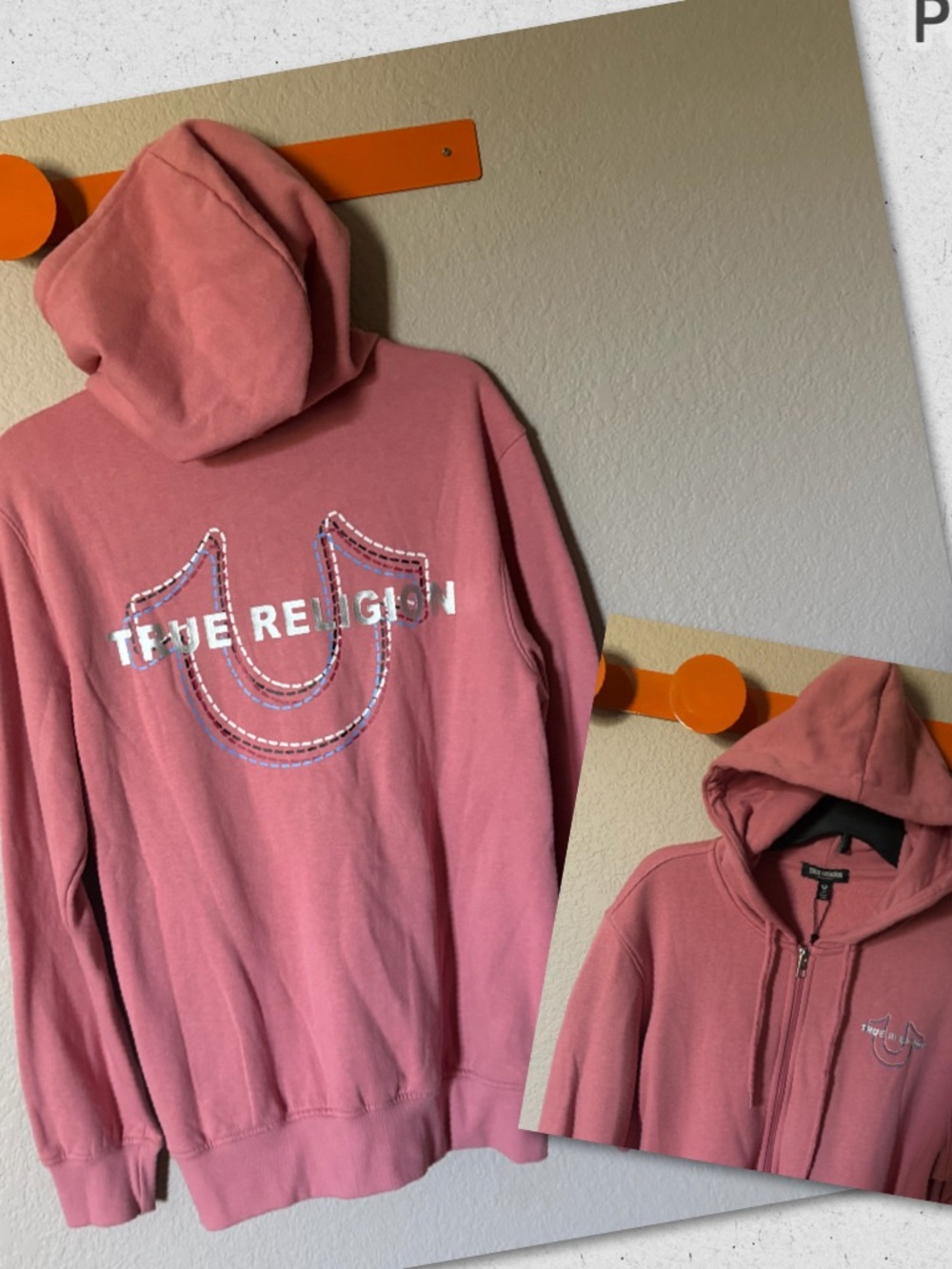 TRUE RELIGION Mens Small Zip Up Hoodie Pink Brandied Apricot Pockets NWT $118